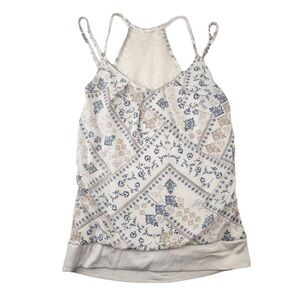 White Blue Bohemian Tank Top Womens Small Double Strap Floral Geometric